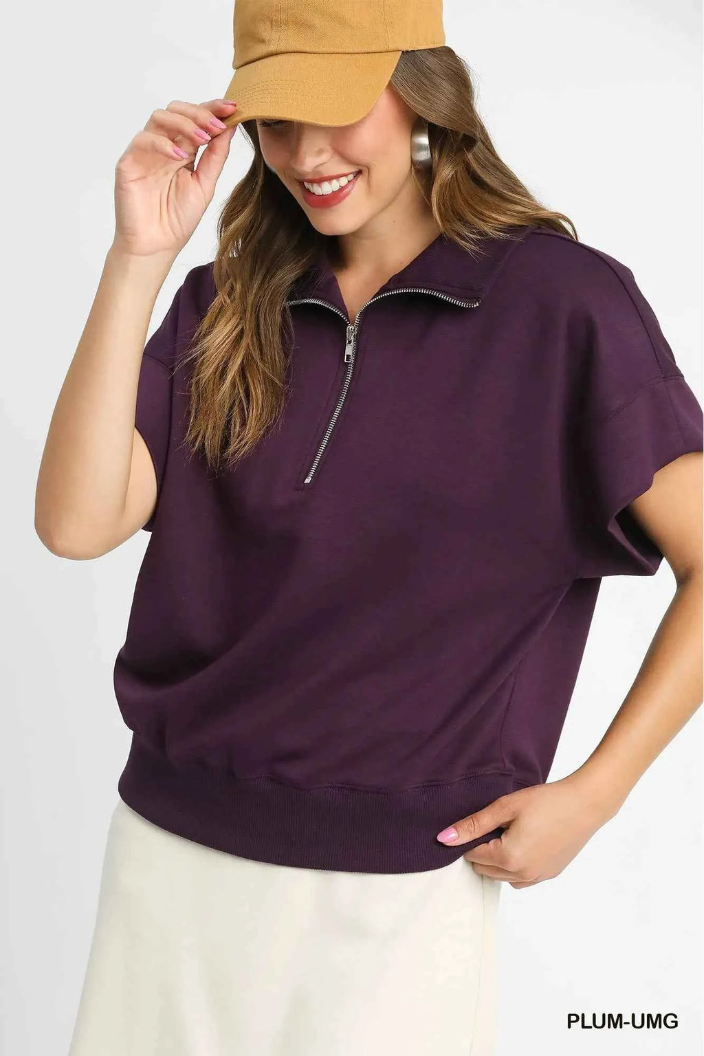 Umgee Full Size Half-Zip Short Sleeve Top Plus Size PLUM deb23ef0-9d32-4853-90b2-8d69a974c4b6-Max-Origin