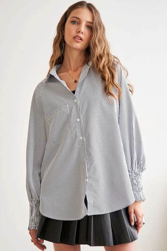 ADORA High-Low Striped Button Down Smocked Lantern Sleeve Shirt deb87cfa-d43c-4397-acec-55fb57b4a38c-Max
