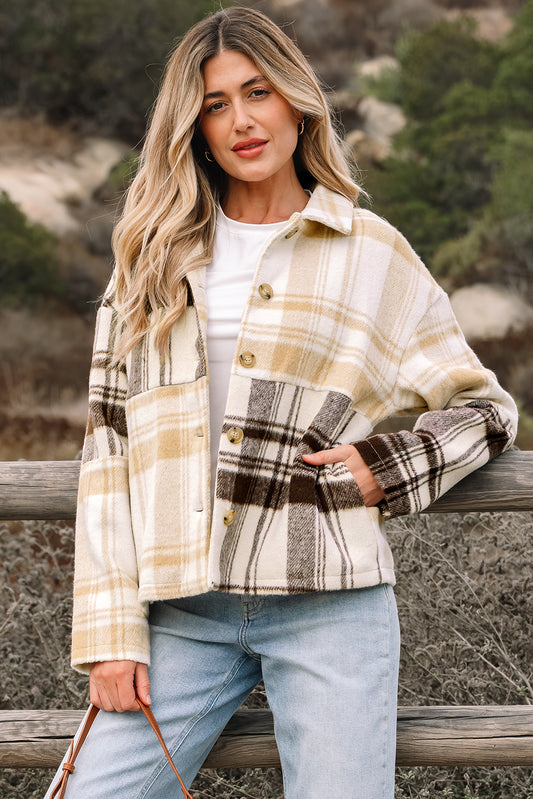 Multicolour Plaid Patchwork Side Pockets Buttoned Shacket