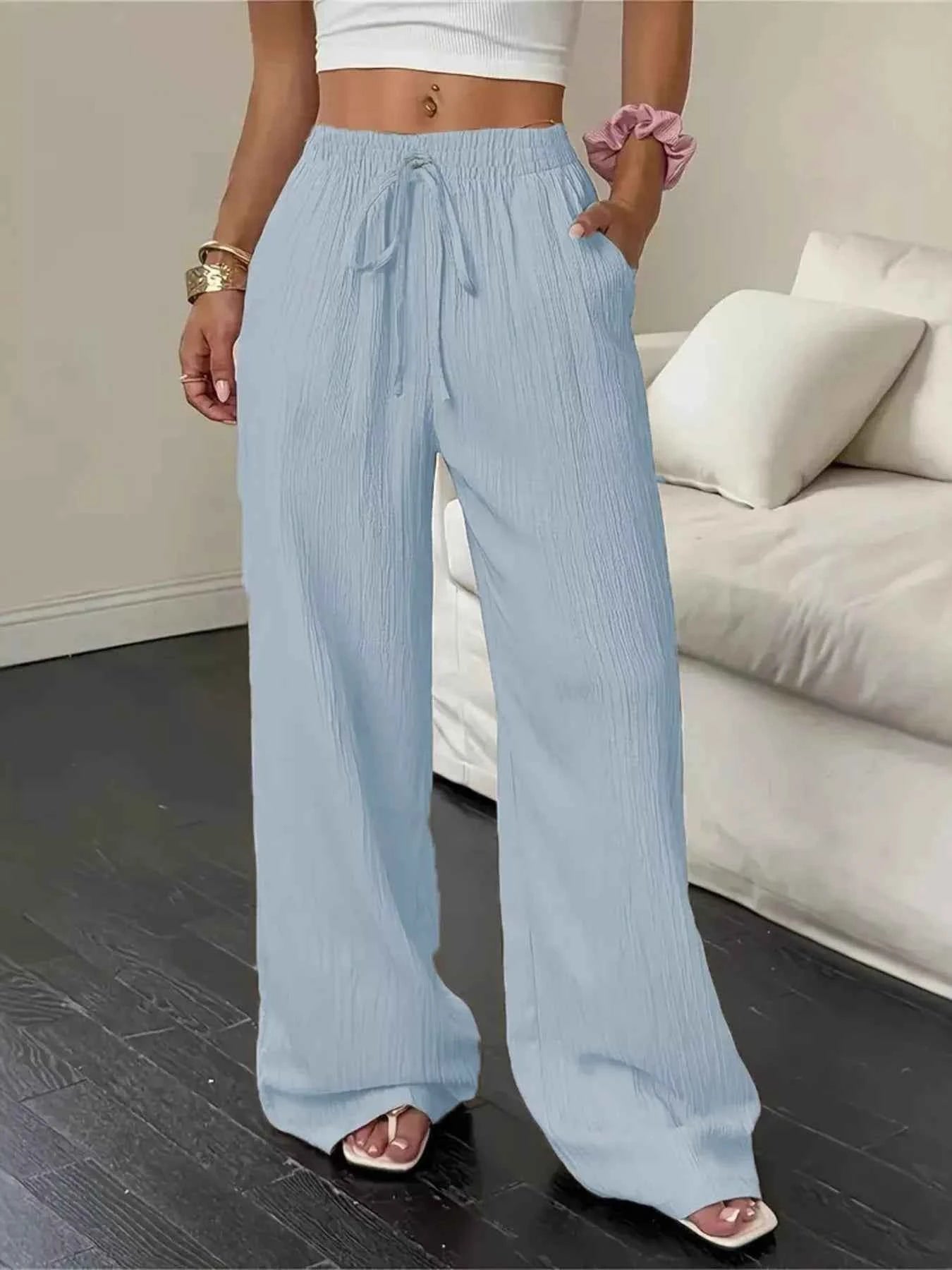 Wide Leg Pants with Drawstring Light Blue deba3528f40a42a4bb23bb9e513c9a87-Max-Origin