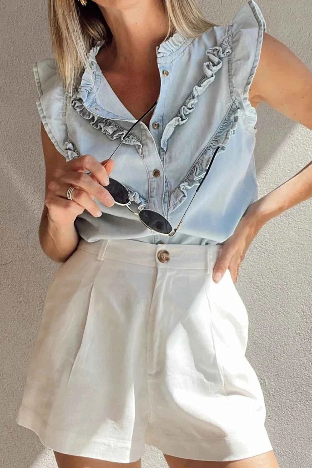 Frill Button Down Ruffled Cap Sleeve Denim Top Light Blue debbfbfa-da69-488d-b16d-0357e93a59d3-Max