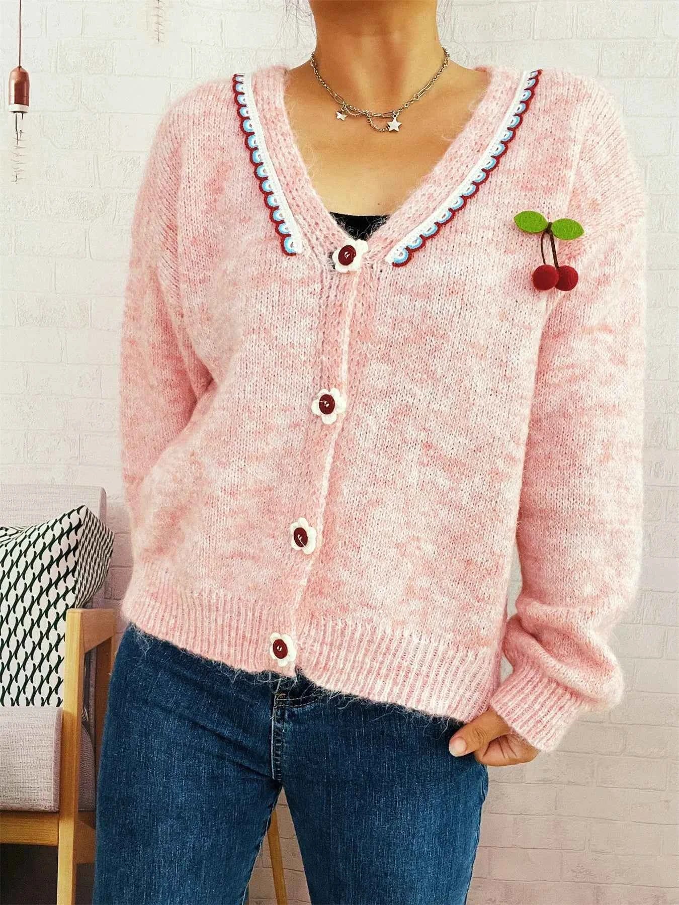 Cherry Button-Front Long Sleeve Cardigan debda3880b2240c98d7f15fe5d9ba633-Max-Origin