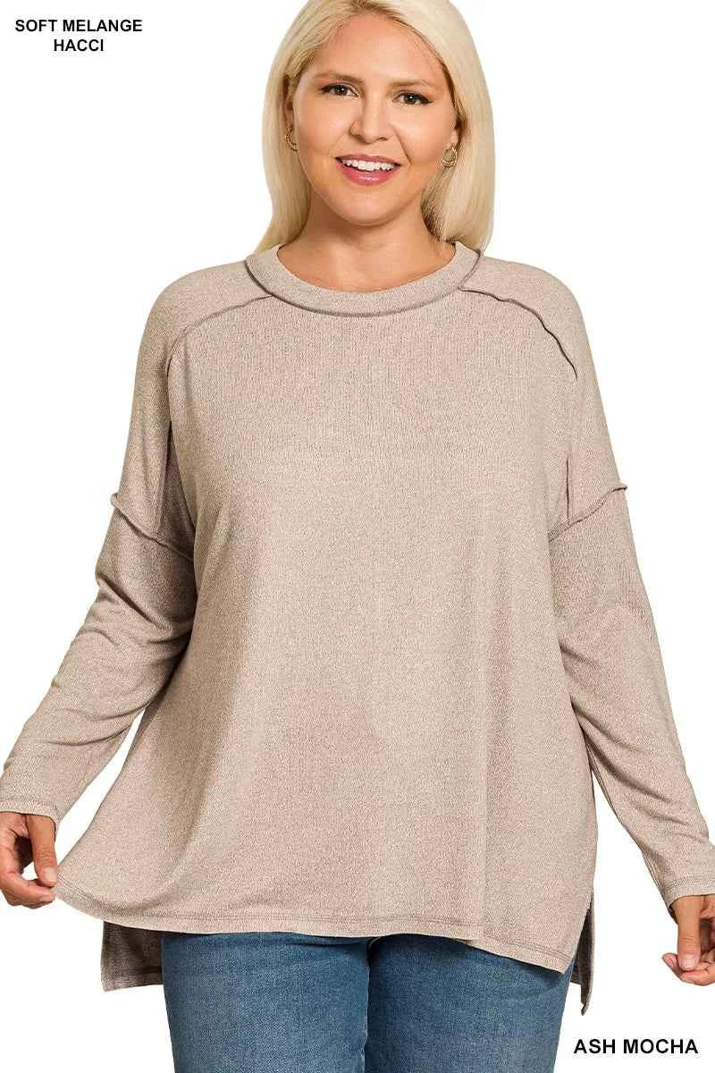 Zenana Full Size Melange Hacci Exposed Seam Hi-low Tee Plus Size debfae27-aa06-440c-b37f-165e3ca03f2f-Max-Origin