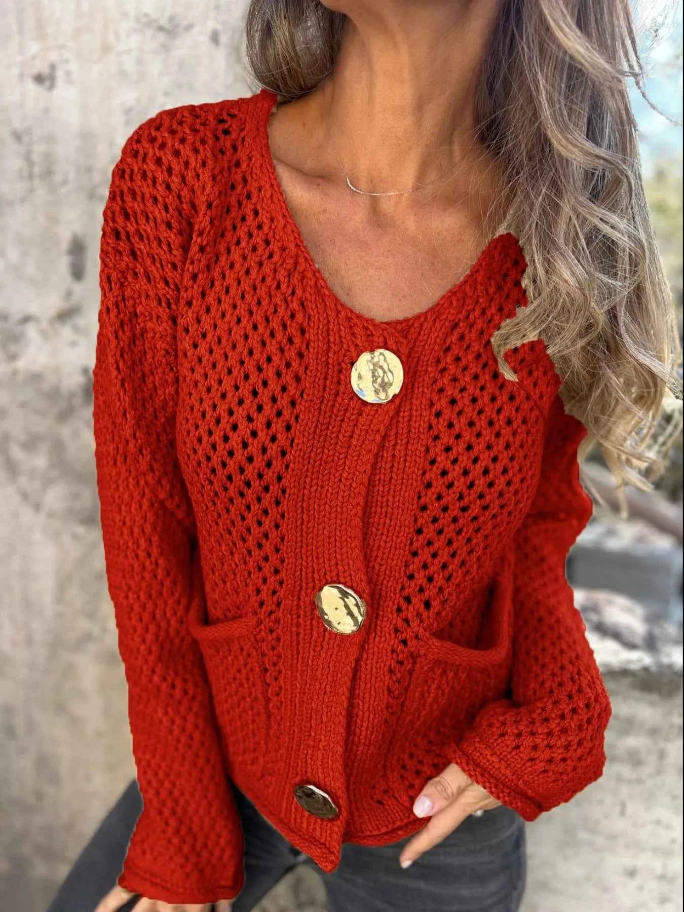 Crochet Button Up Long Sleeve Cardigan Red dec76912-132e-473d-8bad-1e7293e36e3d-Max-Origin