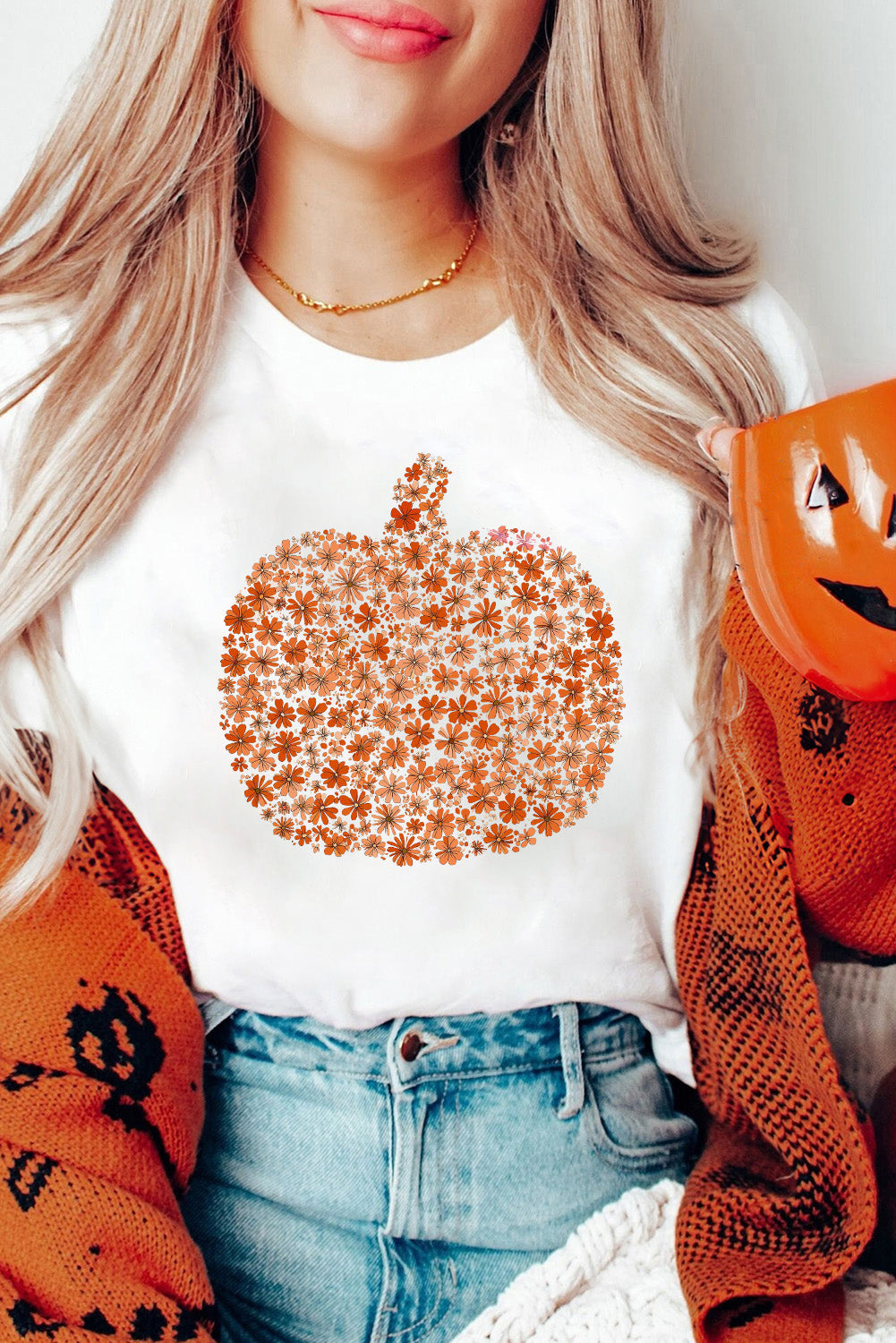 White Floral Pumpkin Custom Heat Transfer Printing Graphic Tee decb2f35dc7a4e92