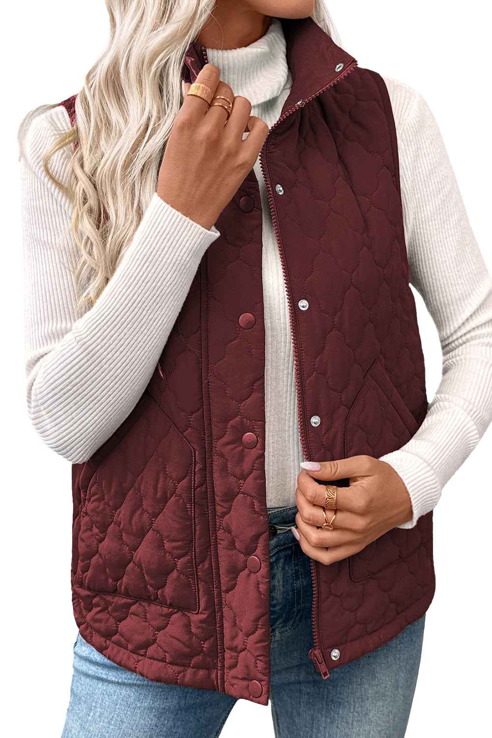 Dark Brown Flower Shape Quilted Snap Button Zip Up Winter Vest decbc7767455c148