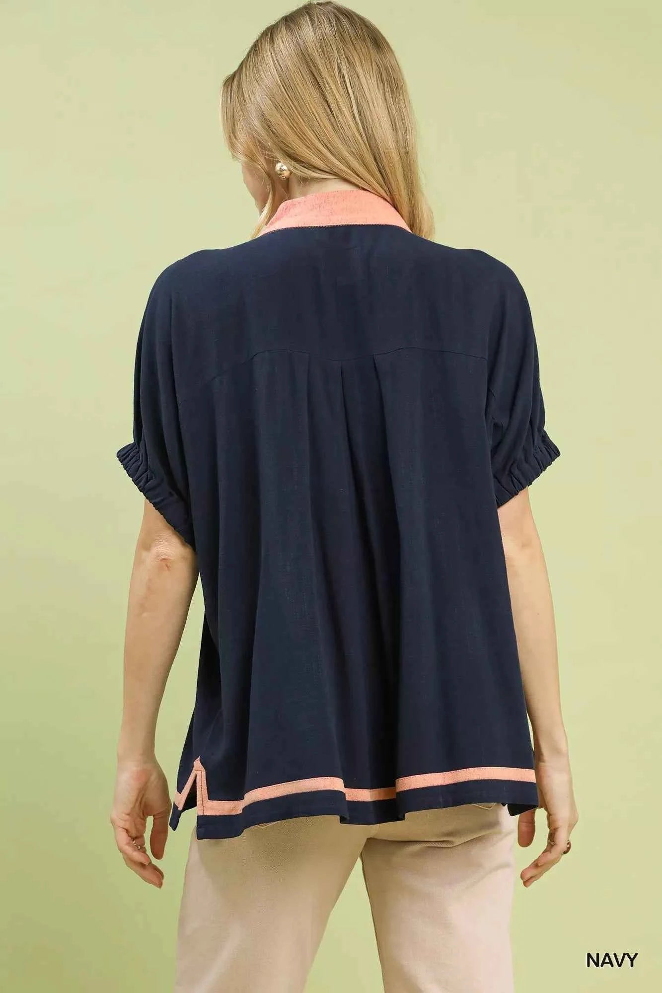 Umgee Linen Contrast Trim V-Neck Blouse deccbe8a-afdc-4d31-90c7-75429a37c9b3-Max-Origin