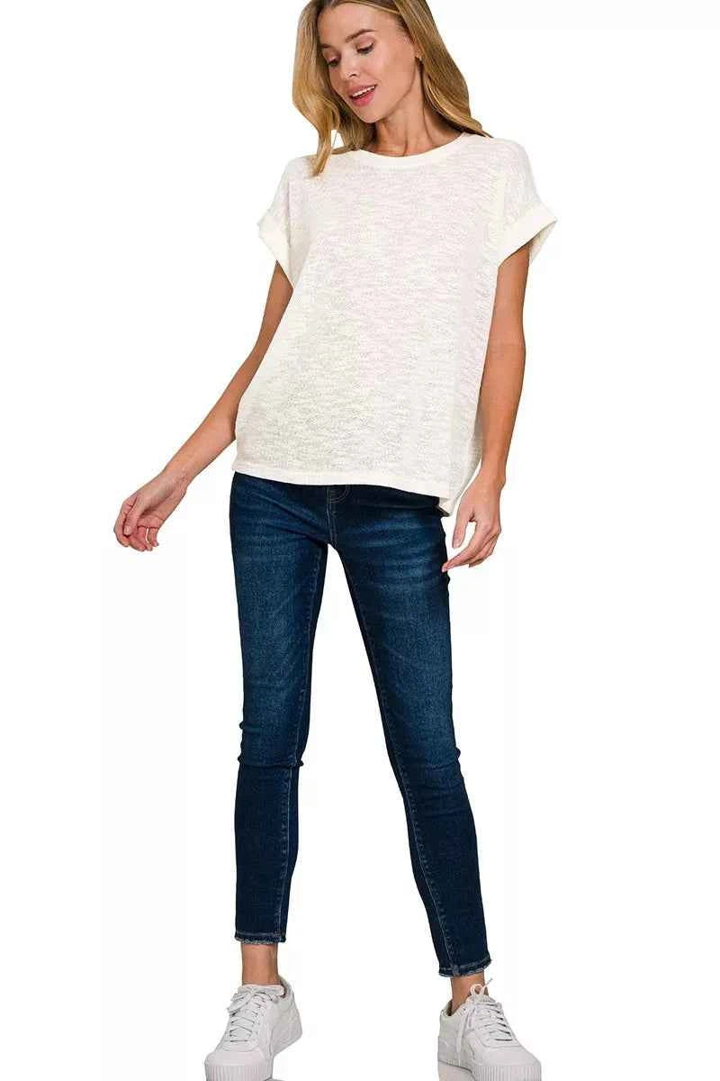 Zenana Hacci Slub Rolled Up Sleeve Tee ded139f266e84af382e36c684aa0a237-Max-Origin