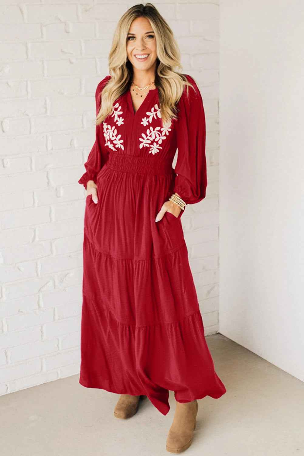 Racing Red Contrast Embroidered Detail Cinched Waist Tiered Long Sleeve Maxi Dress ded1923b8811bc72