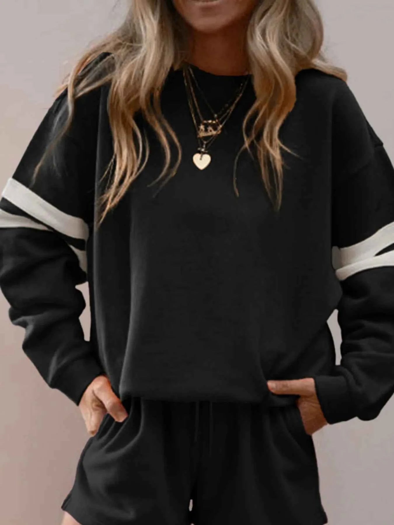 Stripe Round Neck Sweatshirt and Shorts Set ded1eeab-4973-4f24-b8cd-84f393481e0e-Max-Origin