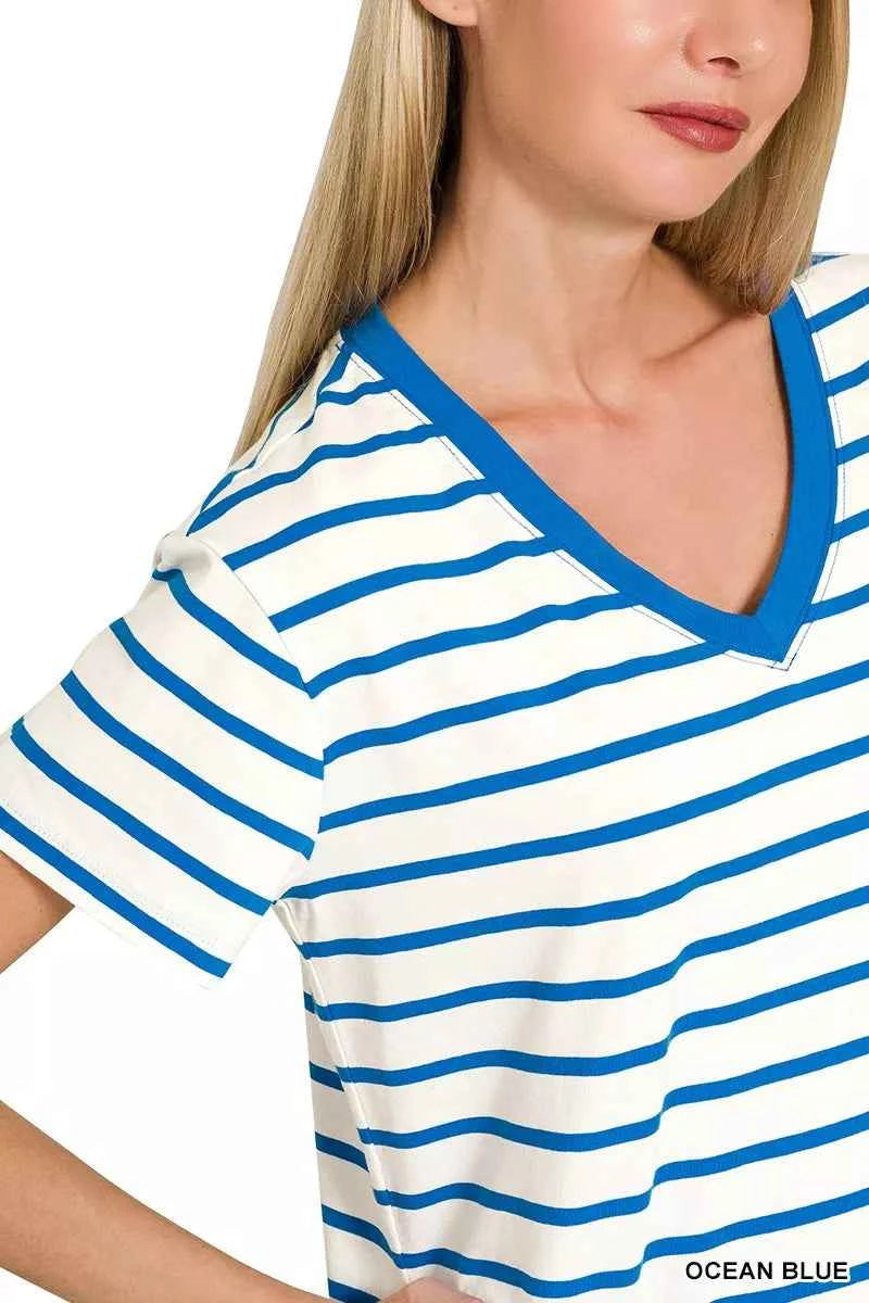 Zenana Striped V-Neck Short Sleeve T-Shirt ded62ab460be4c85a5e814039dad6b6c-Max-Origin