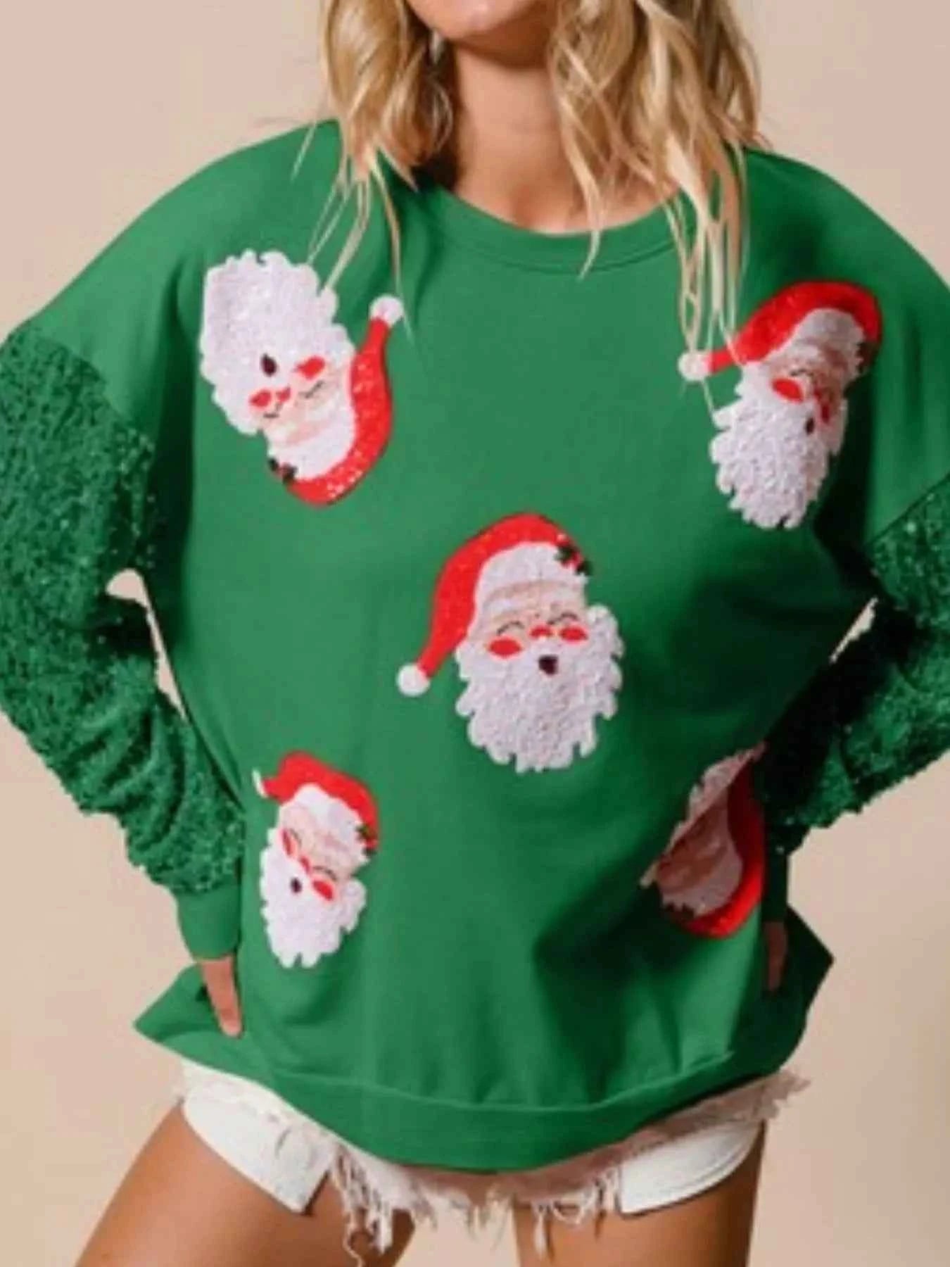 Christmas Theme Sequin Long Sleeve Sweatshirt Dark Green dedab317-18ab-4f6f-b97f-2ef7265a3eea-Max-Origin