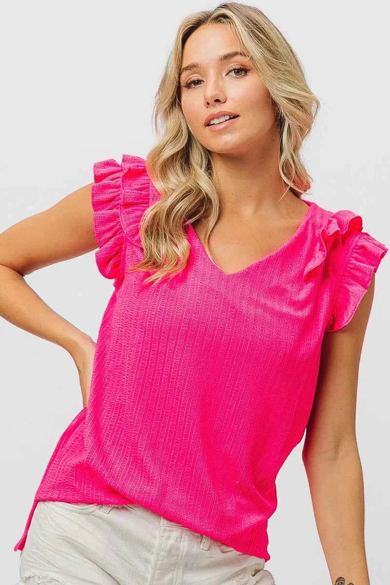 BiBi Layered Ruffles Armhole V-neck Rib Textured Top dee3ba5d41174c75a39afc5af4a327d7-Max-Origin