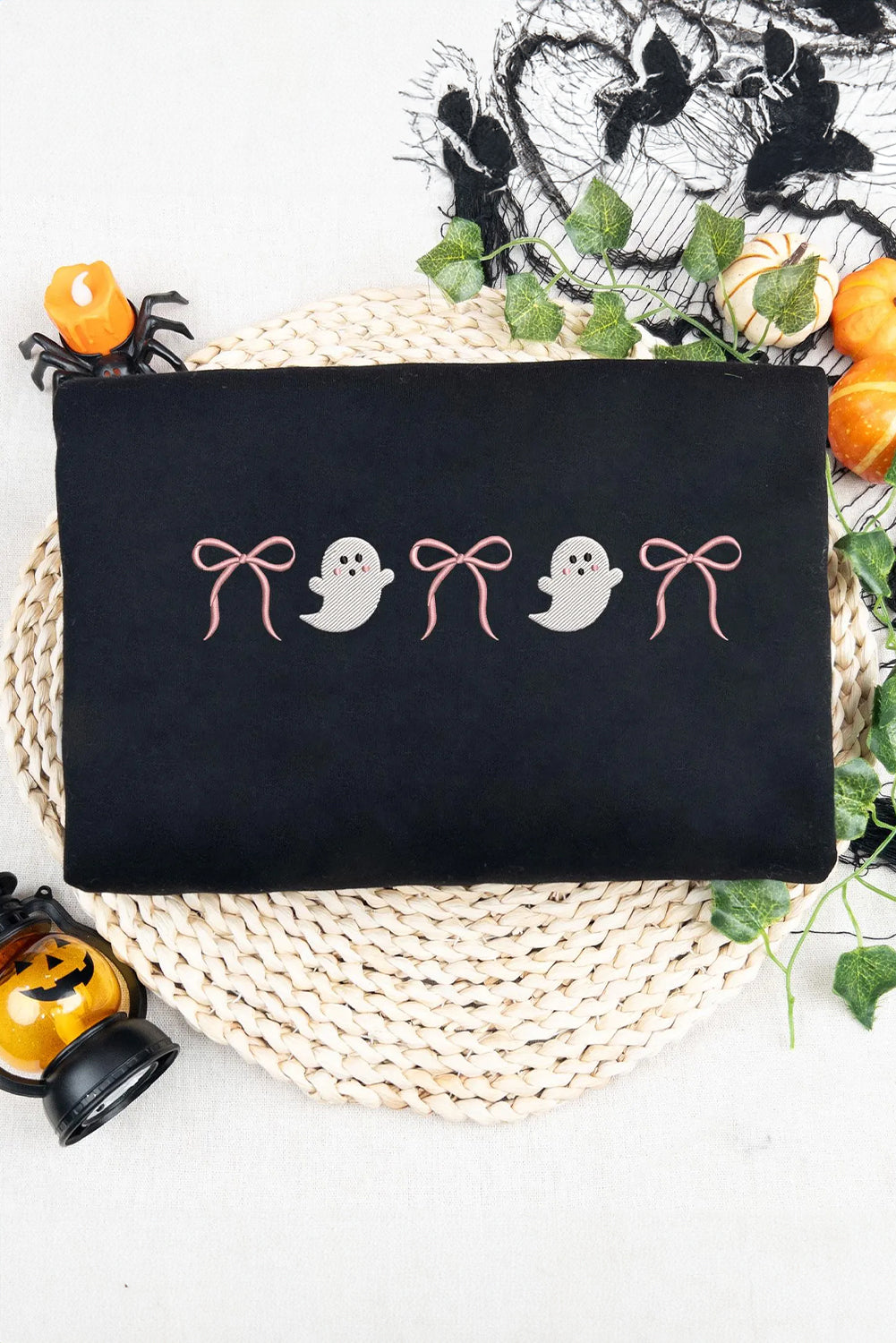 Black Halloween Ghost Bow Embroidered Loose T Shirt Black 62%Polyester+32%Cotton+6%Elastane dee78f475c357f60