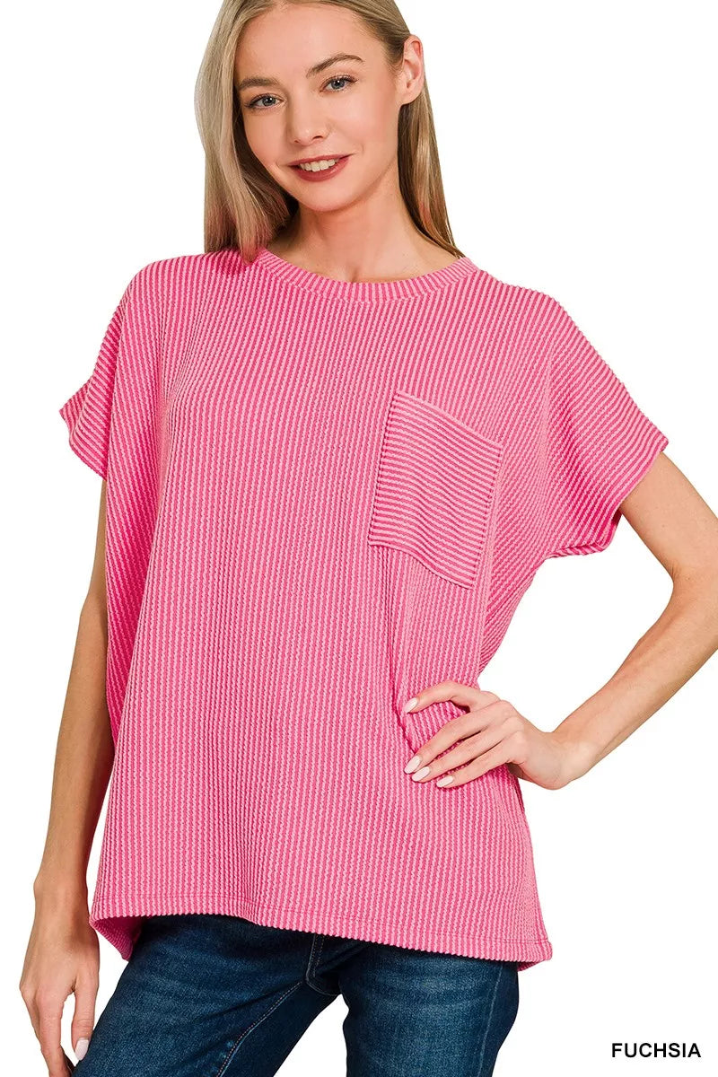 Zenana Raised Rib Front Pocket Boxy Top FUCHSIA dee7cfda1c594c69b581b1b824d176fc-Max-Origin