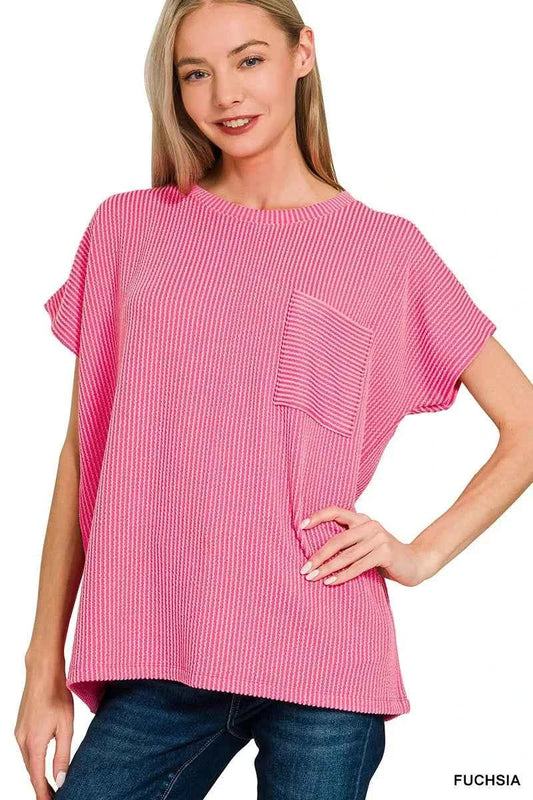 Raised Rib Front Pocket Boxy Top FUCHSIA dee7cfda1c594c69b581b1b824d176fc-Max-Origin