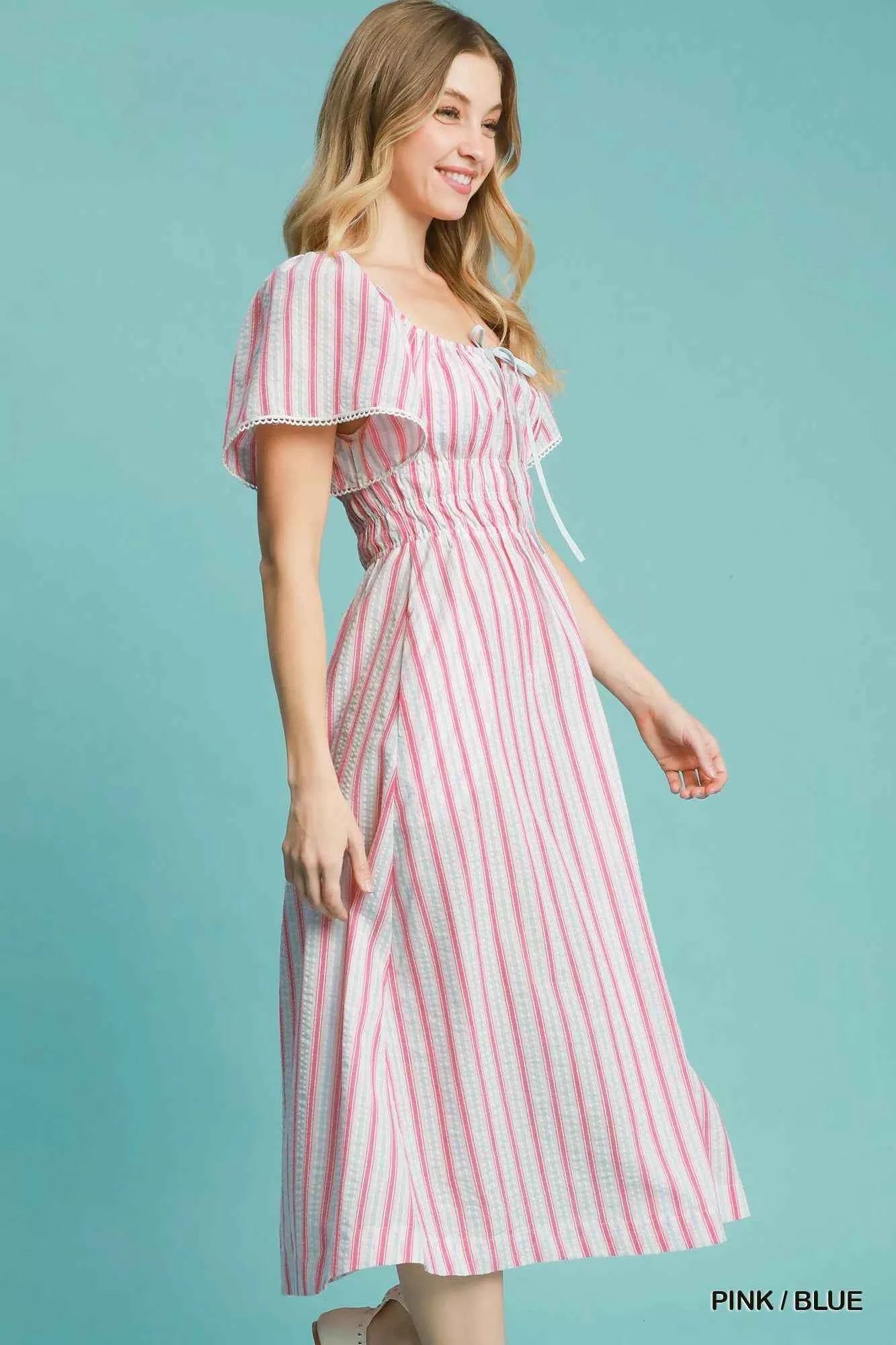 Umgee Smocked Striped Short Sleeve Midi Dress deefa8a8-0cd9-4190-9407-896a042adff3-Max-Origin