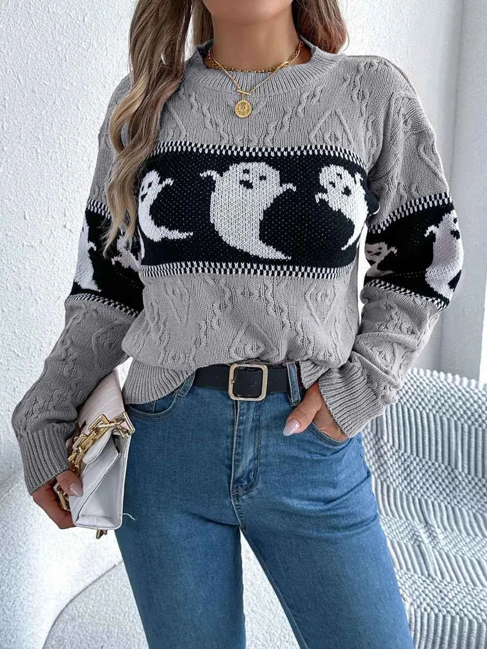 Ghost Round Neck Long Sleeve Sweater Gray def3a076-8d8c-4fae-8869-abfa9a31706e-Max