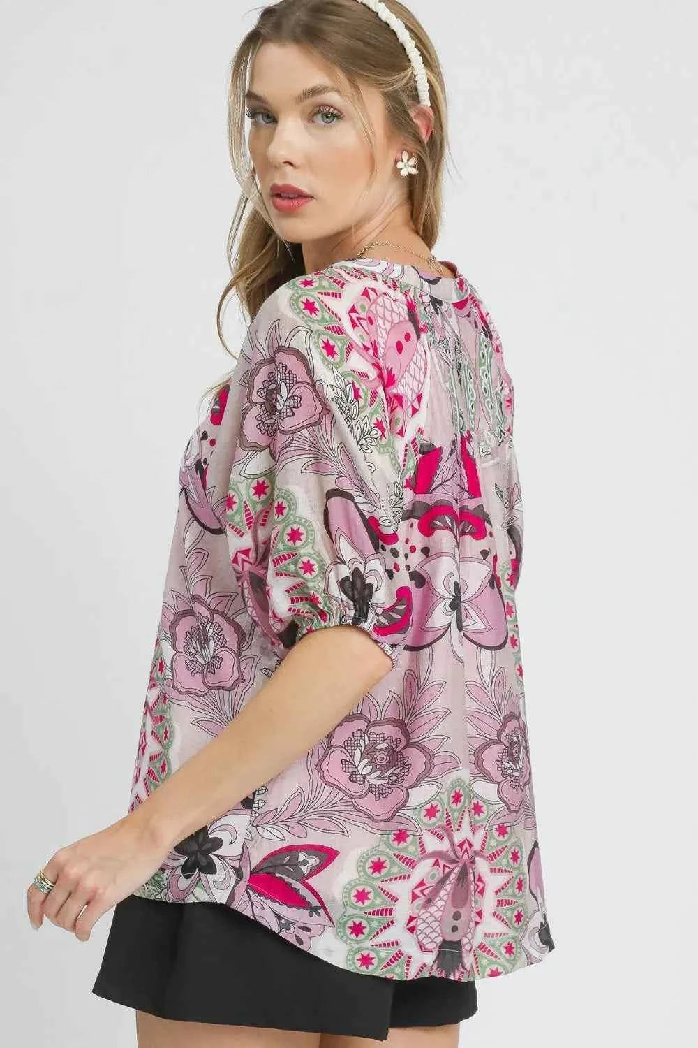 Umgee Floral Print Half Sleeve Blouse def67436-161d-4b8d-b7a3-99f391c7ad4c-Max-Origin