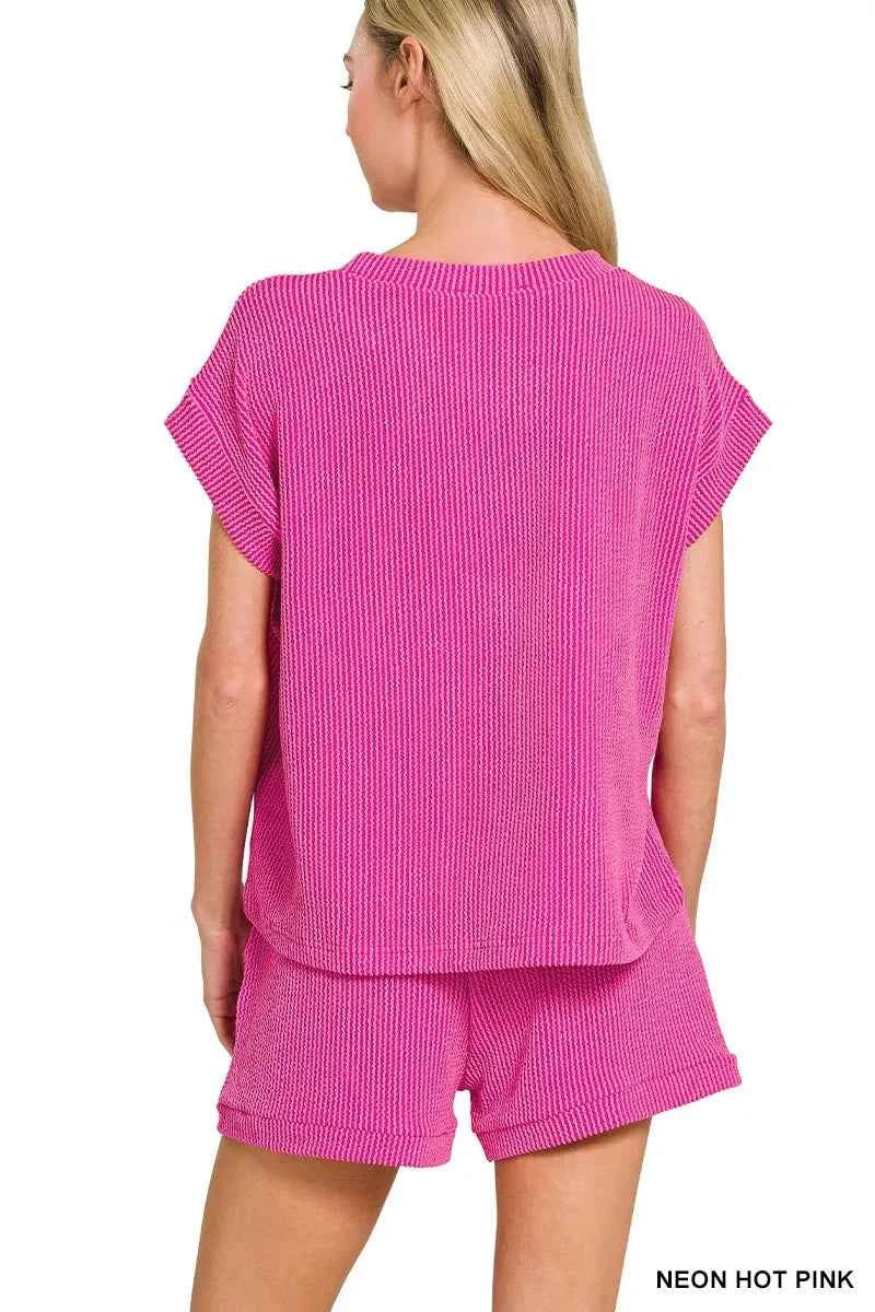 Zenana Raised Rib Cap Sleeve Top & Shorts Set def6cf1528ed4ad98367262869aeca06-Max-Origin