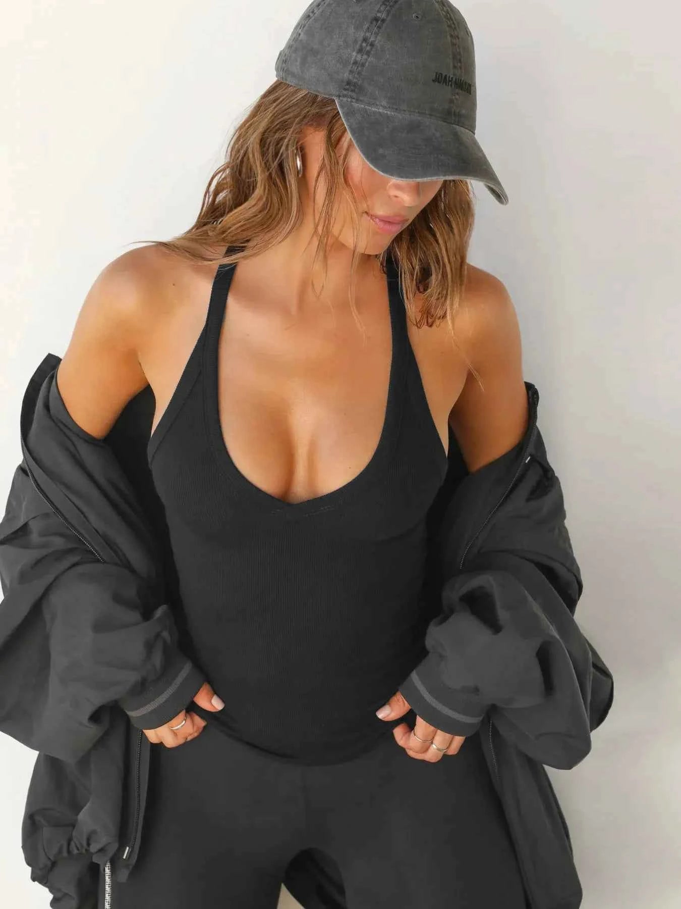 Ribbed V-Neck Halter Tank Top Black def8e2ef45054d40831e2662e61e0732-Max-Origin