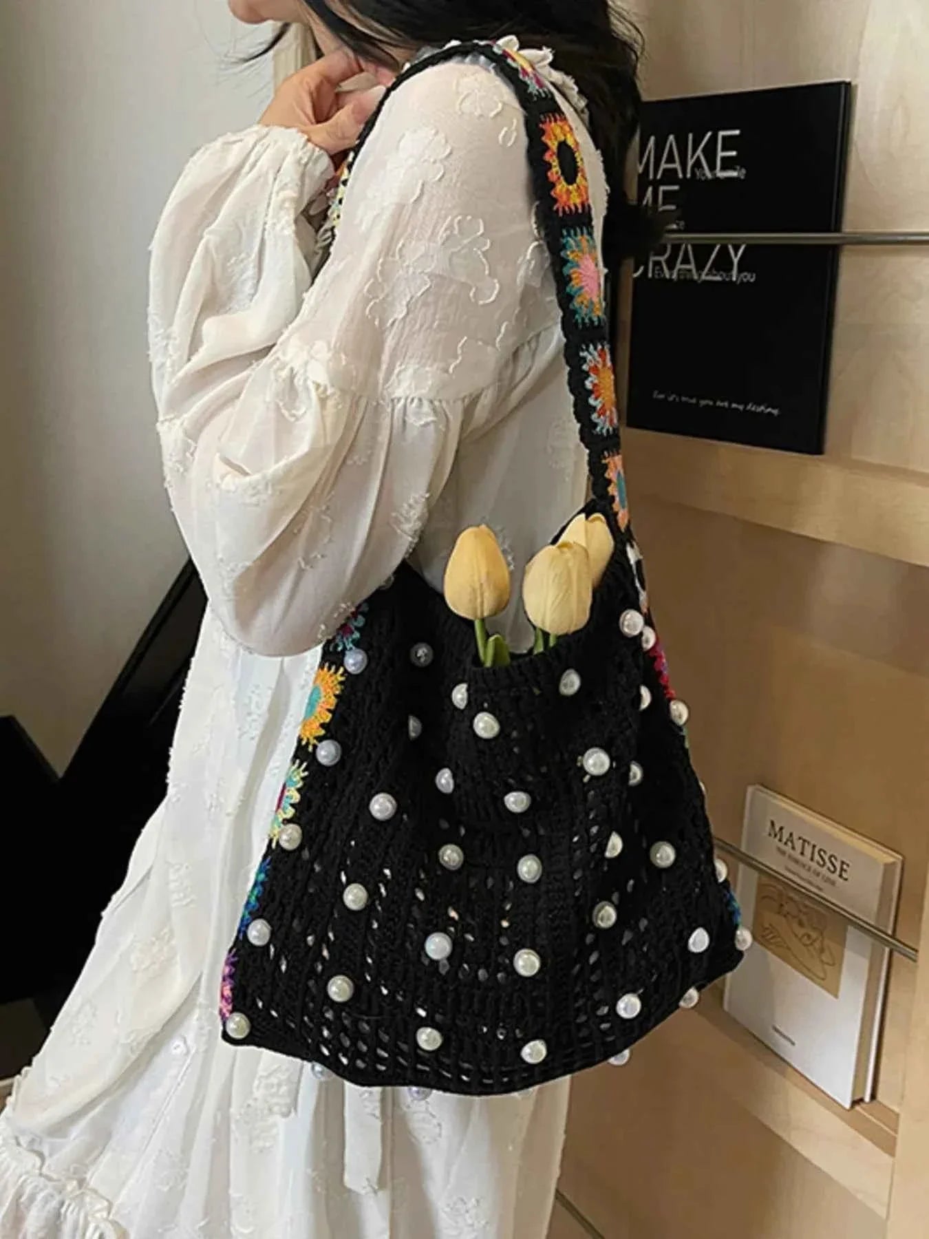 Colorful Beaded Crochet Shoulder Bag Black onesize defa97cd-1a88-4194-9263-59394cf4f74a-Max-Origin