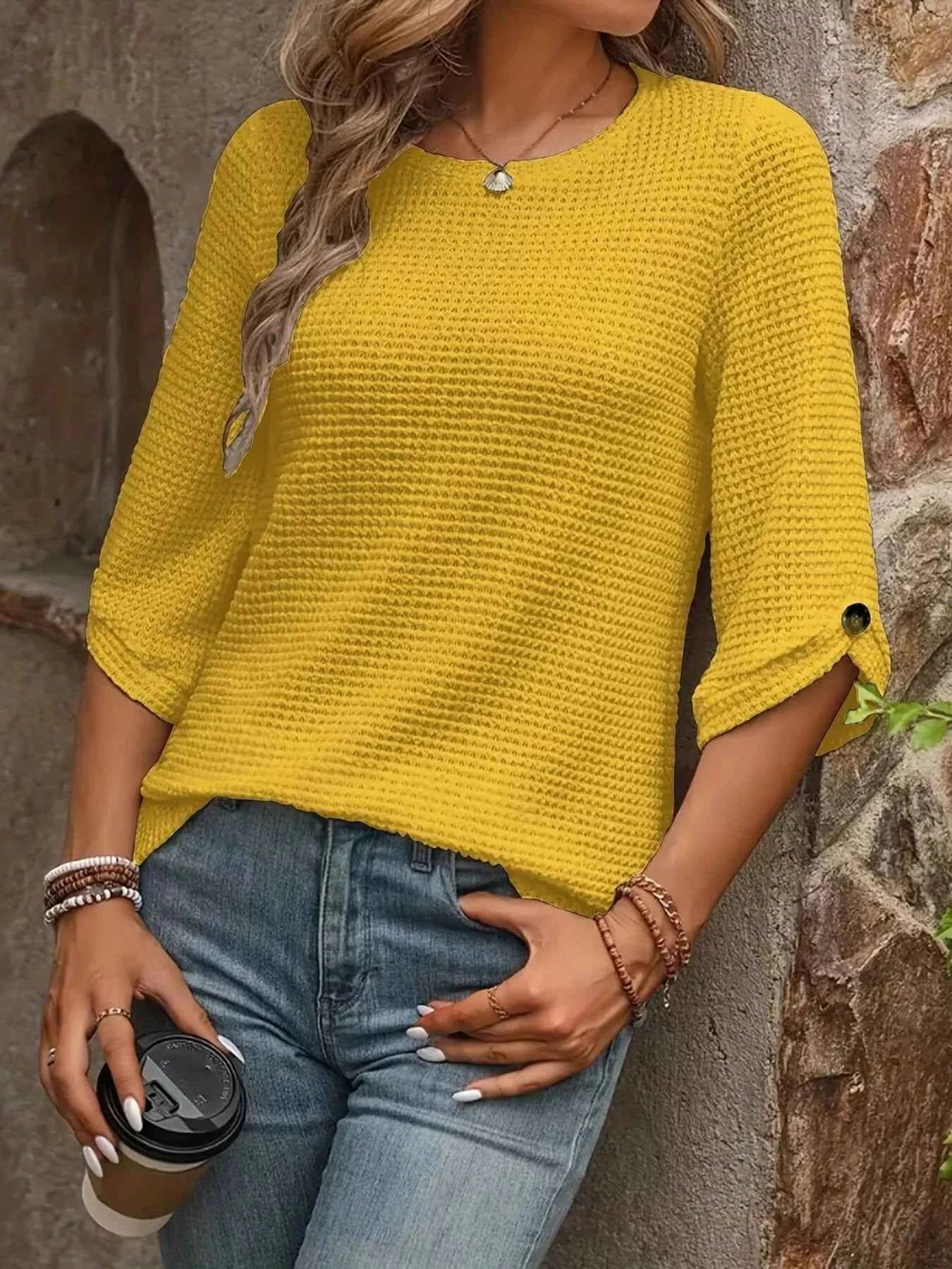 Waffle-Knit Round Neck Knit Top Yellow defaf198f48a4ba388c94fb78fcaa723-Max-Origin