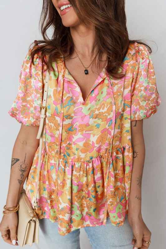 Flower Split V-Neck Short Sleeve Blouse Orange defe451c-94e4-4393-91f9-3d1fabc63899