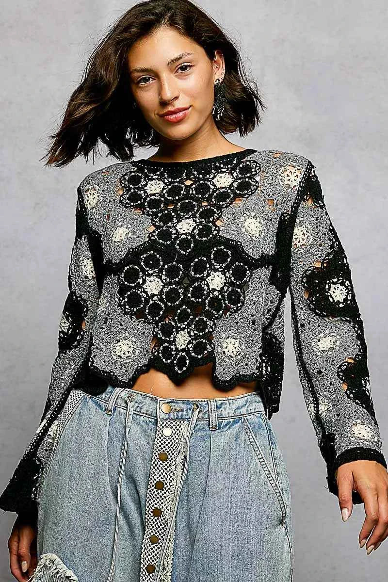 POL Floral Weave Pattern Crochet Cropped Top with Beads Detail df03130e-7539-4e80-9a85-8a186dabce72-Max-Origin