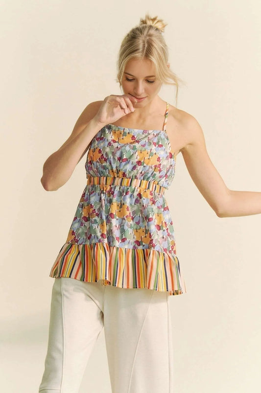 Davi & Dani Floral Smocked Sleeveless Ruffle Back Tie Top SAGE