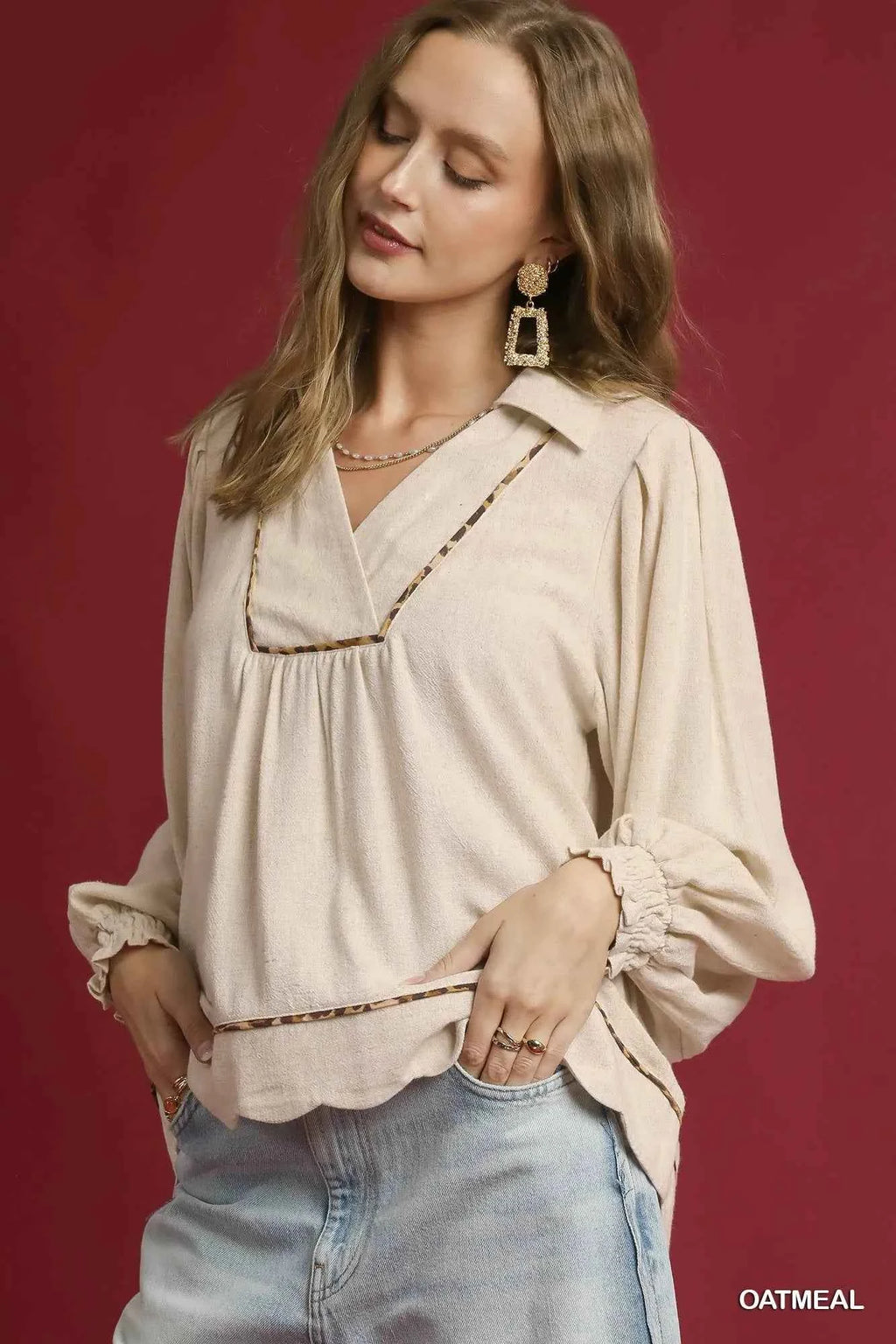 Umgee Full Size Linen Scallop Hem Blouse with Contrast Trim Plus Size df09c544-9298-4d3b-ad64-078b1cb16e13-Max-Origin