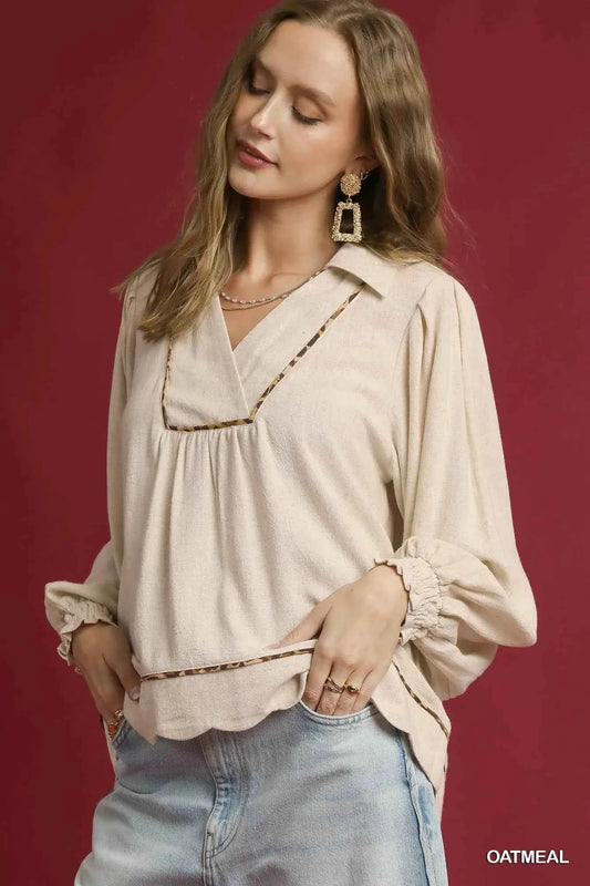 Umgee Full Size Linen Scallop Hem Blouse with Contrast Trim Plus Size df09c544-9298-4d3b-ad64-078b1cb16e13-Max-Origin