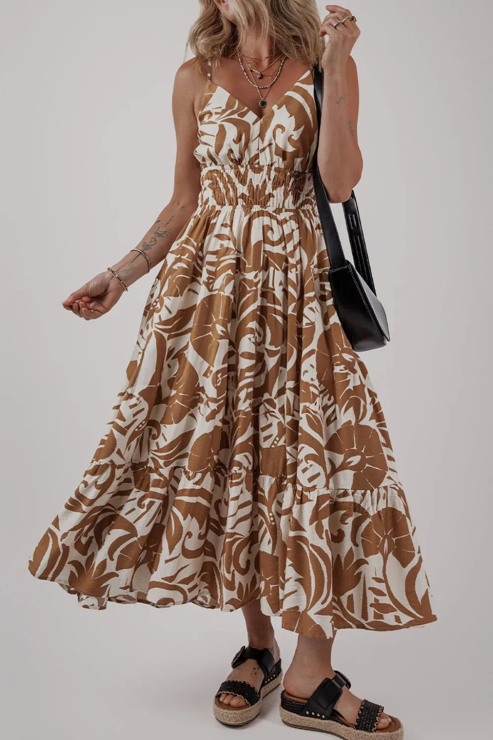 Floral Shirred High Waist Spaghetti Straps Dress Mocha df0aecd3-5d3c-49ac-b175-218771f6b9c9-Max-Origin