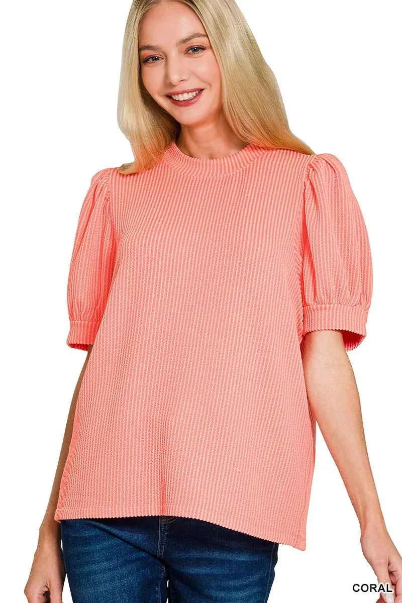 Raised Rib Puff Sleeve Top CORAL df110feec5704dd894a744afed49cdeb-Max-Origin