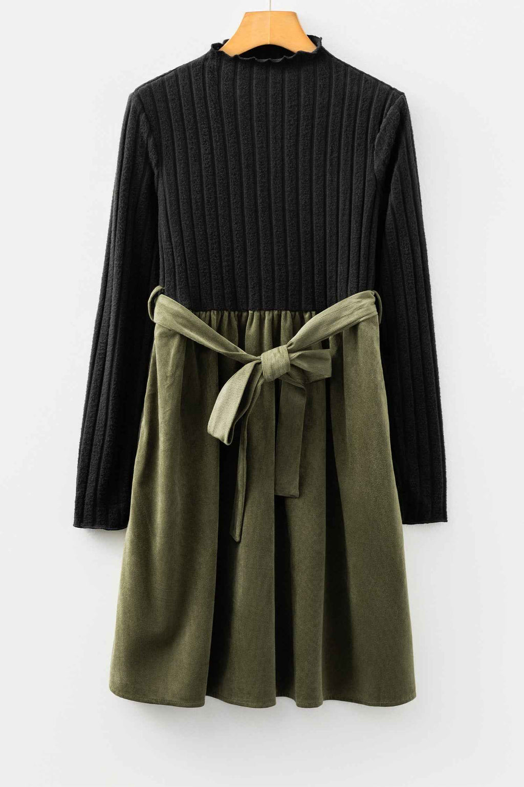 Black Ribbed Knit Slim Bodice Contrast Flared Skirt Patchwork Belted Dress df136803818cd828