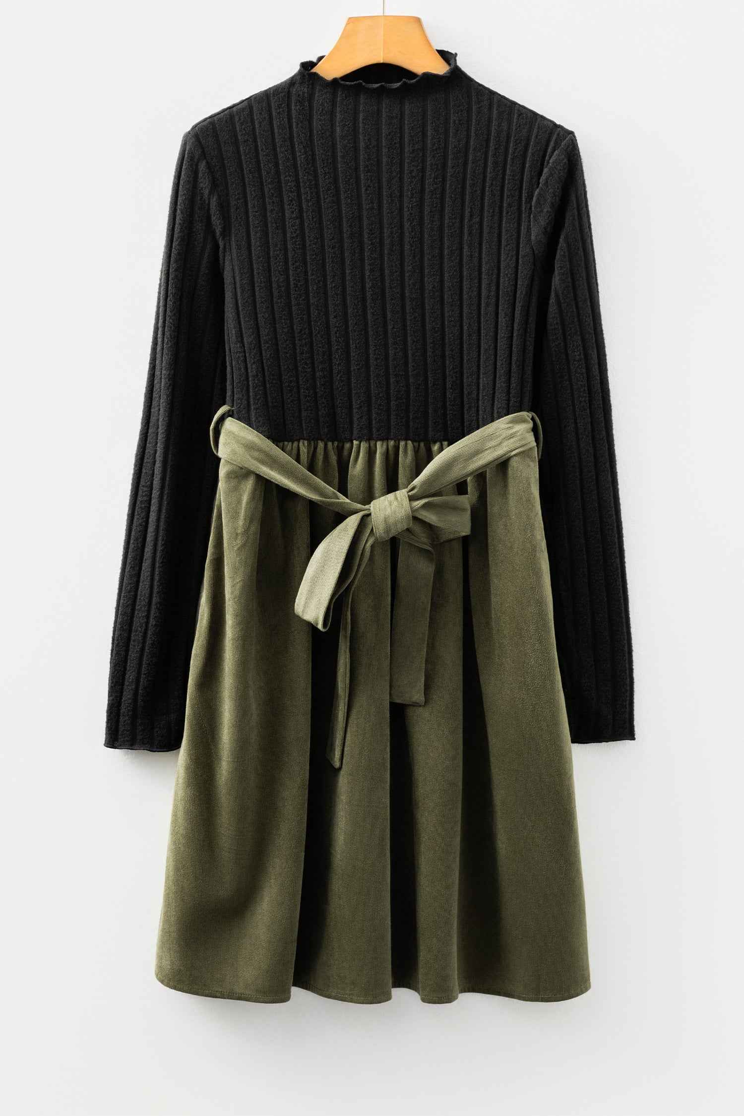 Black Ribbed Knit Slim Bodice Contrast Flared Skirt Patchwork Belted Dress df136803818cd828