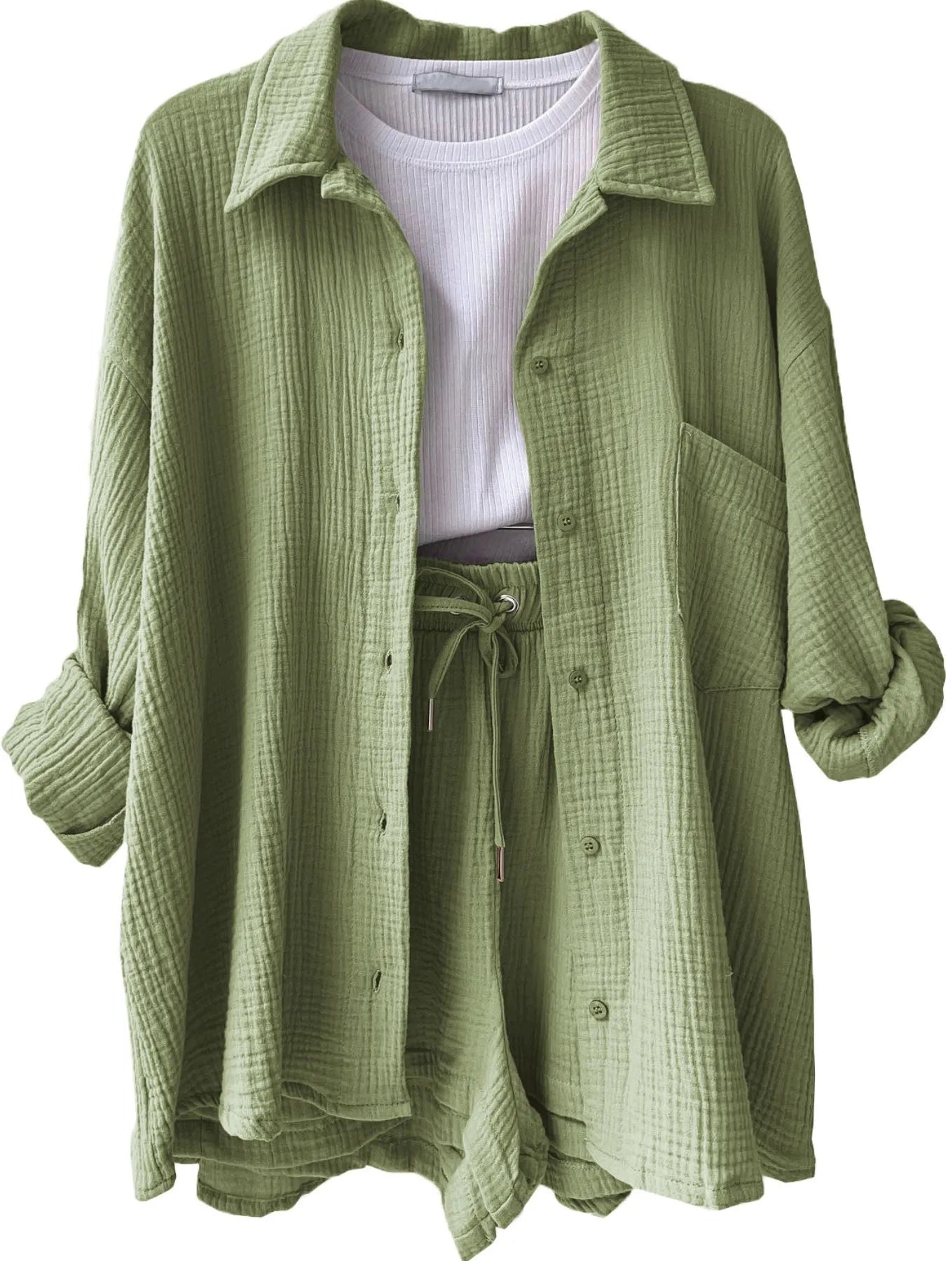 Textured Button Up Shirt and Shorts Set Light Green df2544d7-165c-4c4a-9279-98b771dd16e7-Max-Origin