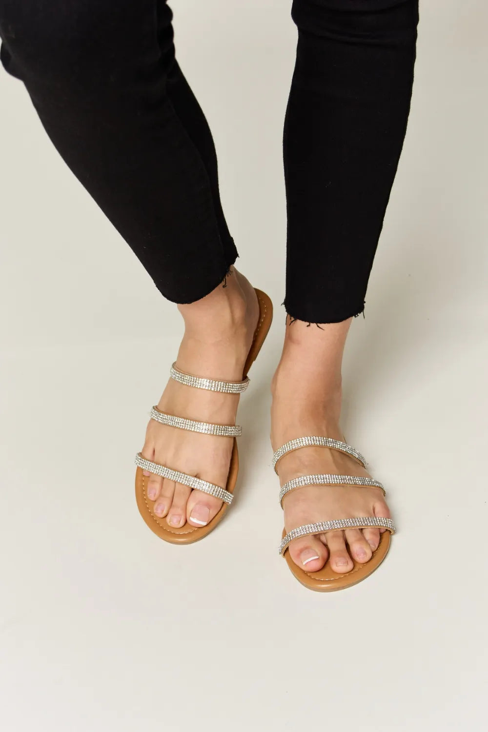 WILD DIVA Rhinestone Three-Strap Flat Sandals TAN df285927-485b-4e78-95dd-b39b3d7b84ca-Max