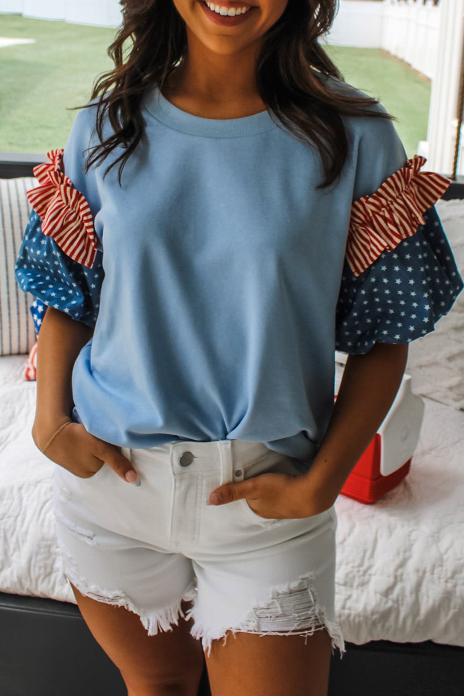 Fiery Red Stars Stripes Short Puff Sleeve Top Beau Blue 95%Cotton+5%Elastane df2a128407170773