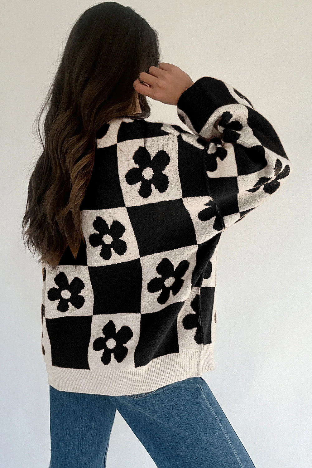 Red Dahlia Flower Colorblock Checkered Henley Sweater df2ed5bdc5bf1c2a