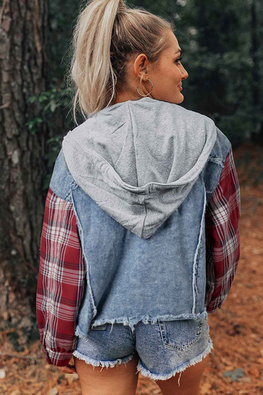 Beau Blue Plaid Print Patchwork Hooded Raw Hem Denim Jacket df2f4ab8c1936dea