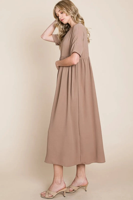 BOMBOM Round Neck Ruched Midi Dress df3572e4-50d8-4523-acfa-663830e298a8-Max