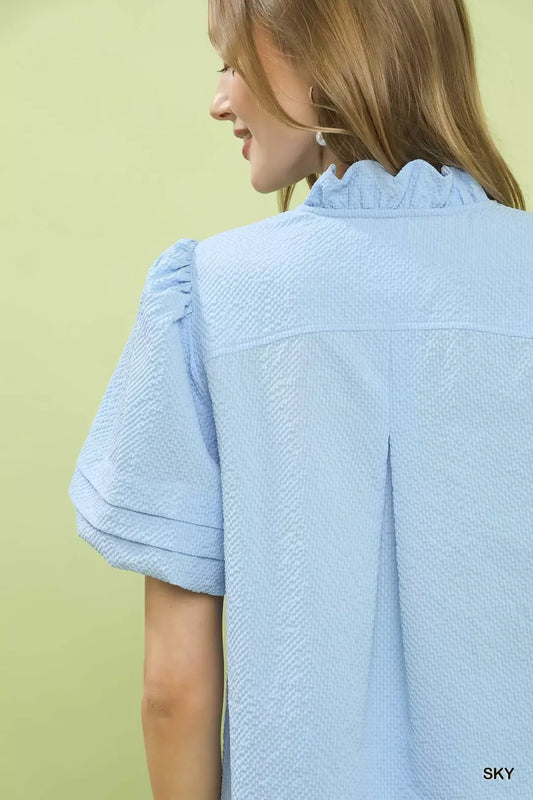 Textured Scallop Trim Puff Sleeve Blouse df35f02a-ef08-4b9a-bc31-d4570777041d-Max-Origin