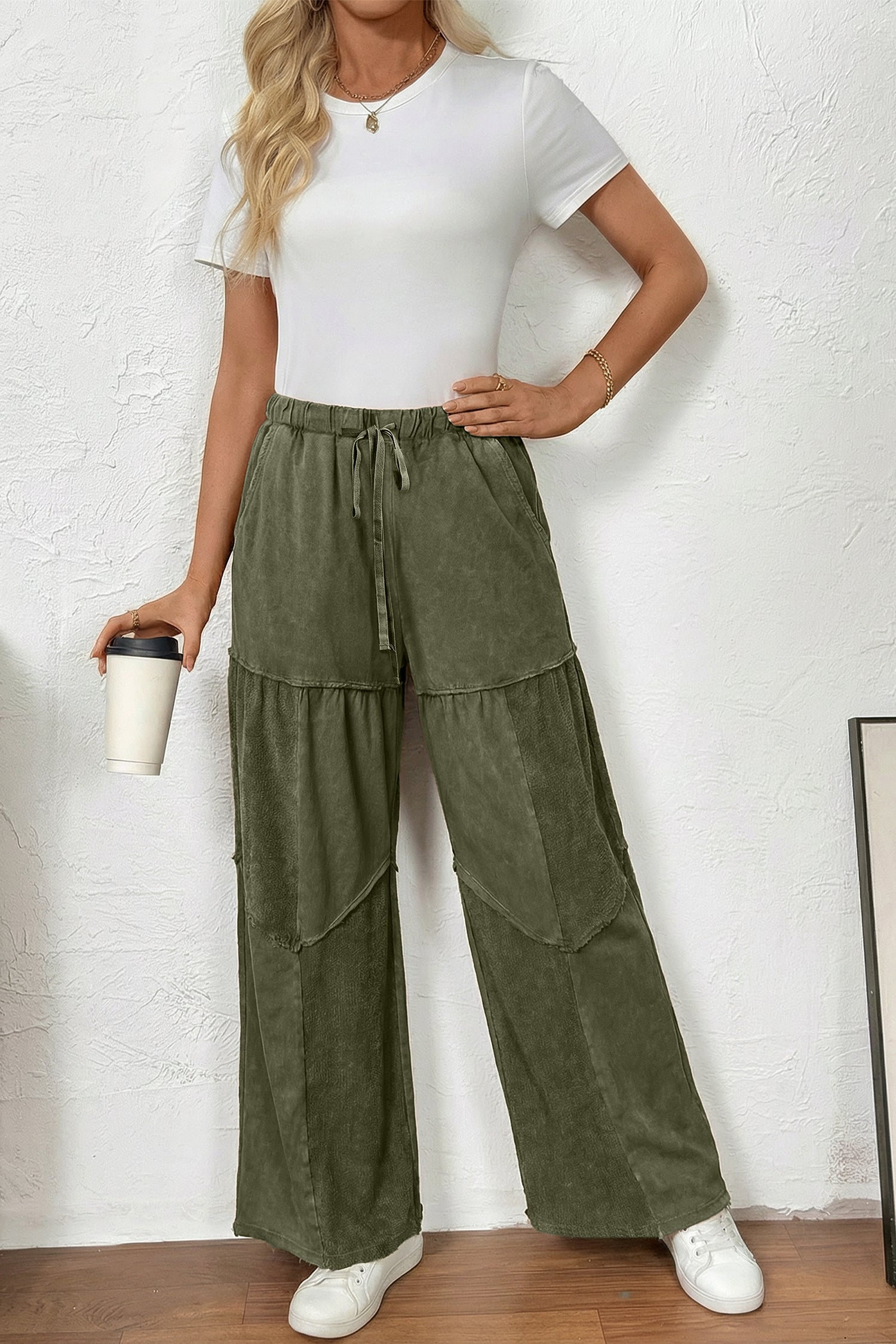 Vineyard Green Mineral Wash Tiered Wide Leg Patchwork Drawstring Pants df3a829ee8bc82b1