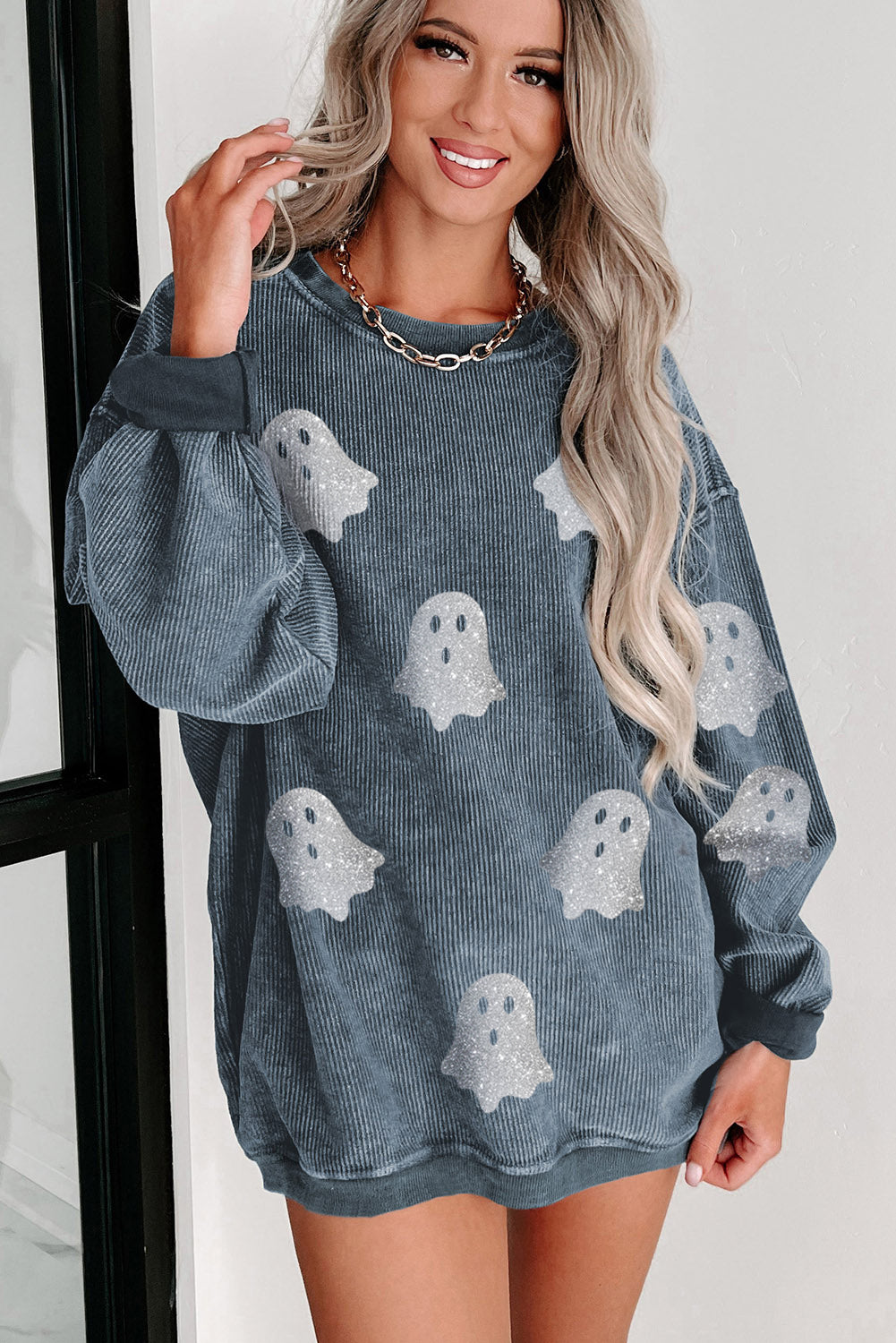 Black Halloween Ghost Corded Crew Neck Loose Sweatshirt Blue 100%Polyester df3ae90a1d132053