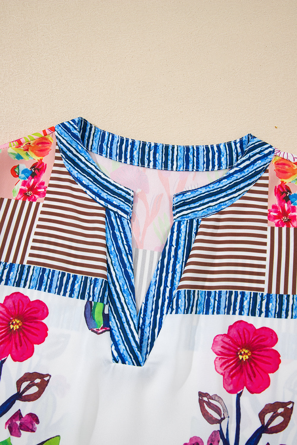Pink Floral Striped Patchwork Short Sleeve Split Neck Blouse df3d192d44d44a11