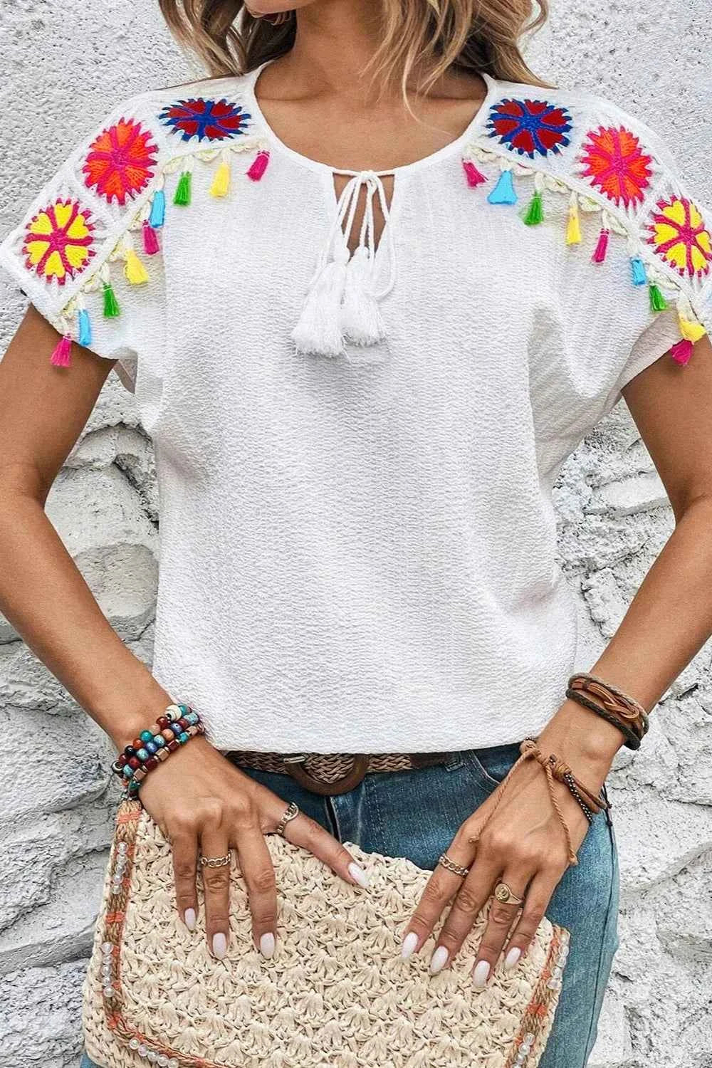 Tassel Tie Neck Short Sleeve Blouse df3d41d3-df94-4fa6-a35e-601aa7fce080-Max