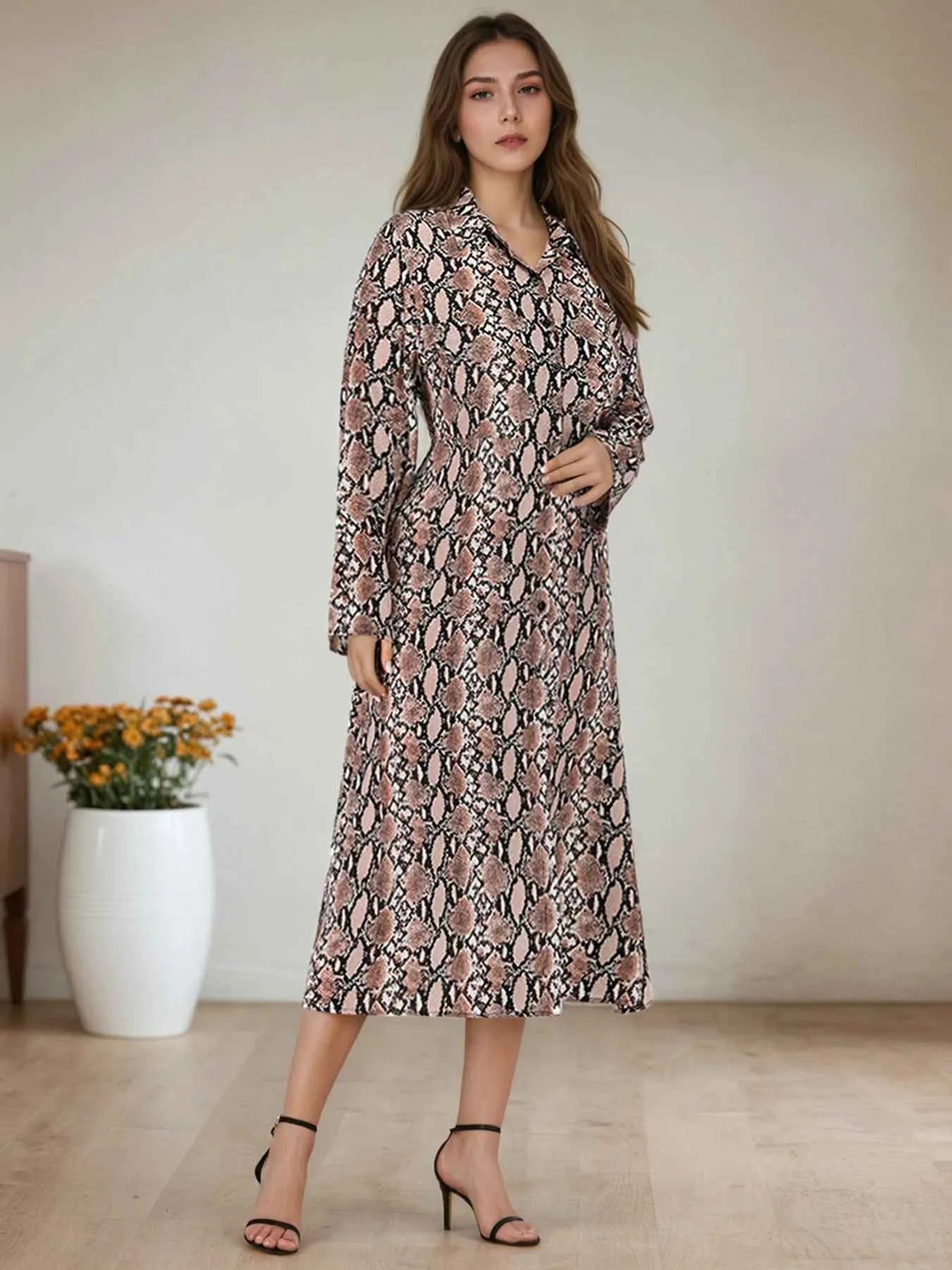 Snake Print Long Sleeve Shirt Dress Snakeskin df44108df83049898ed8d3146e6f51ed-Max-Origin