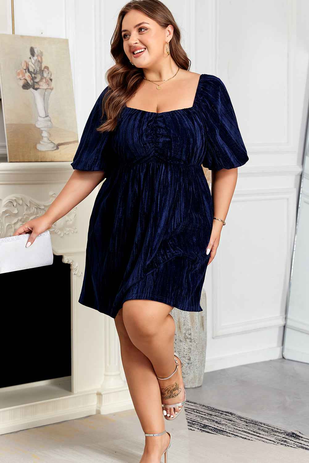 Navy Blue Velvet Ruched Bust Square Neck Short Puff Sleeve Plus Dress df496e138c08e565