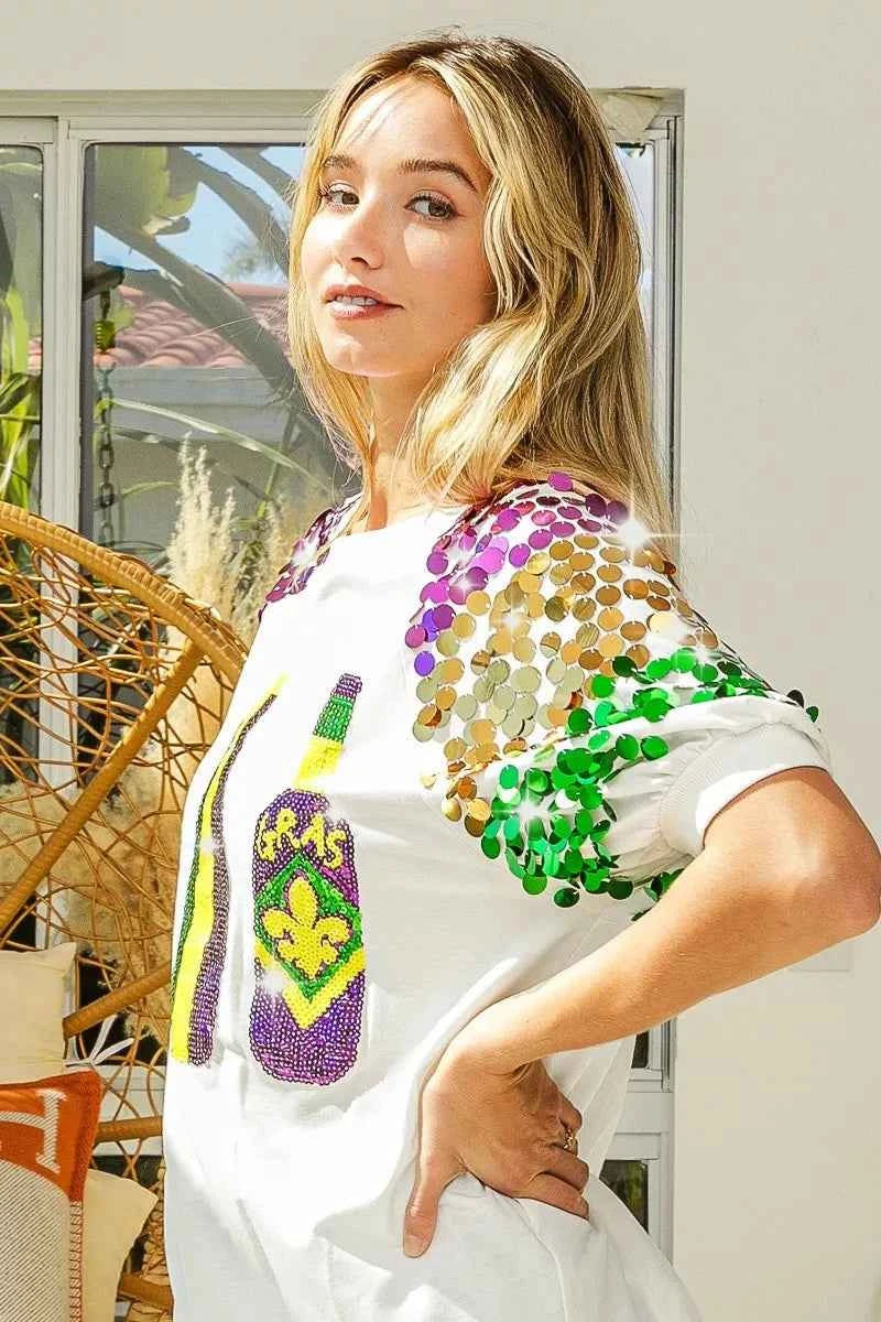 BiBi Sequin Mardi Gras Bottles Spangled Sleeve Top df4afdf8202c447eaa85f9777c06be3b-Max-Origin